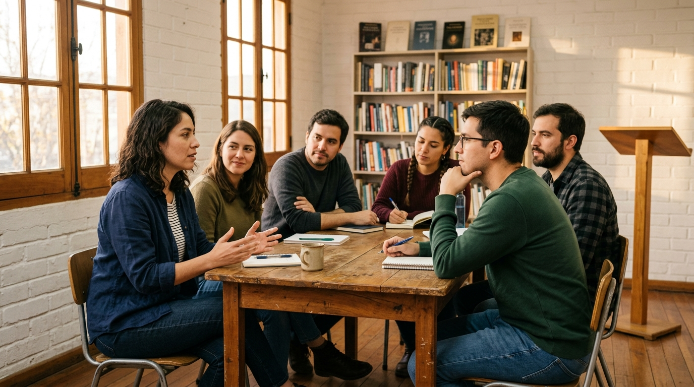 Grupo de jóvenes en conversación filosófica